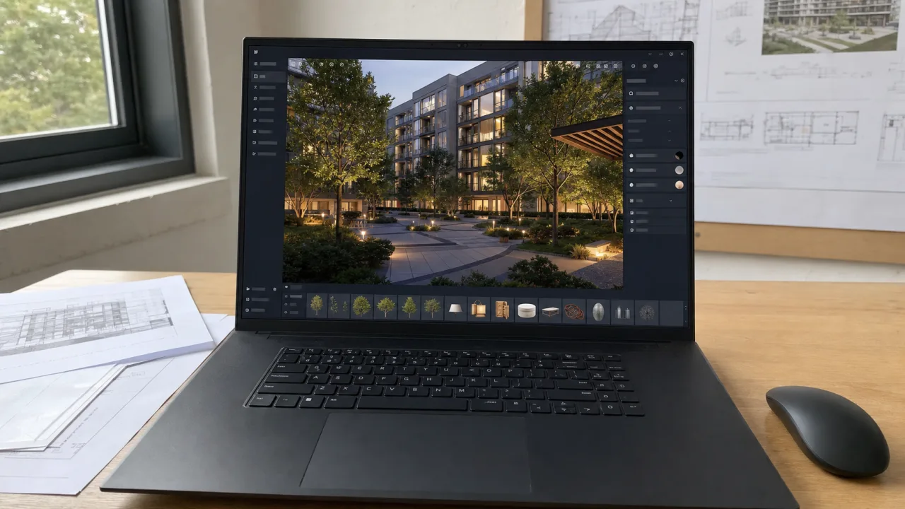 D5 Render auf einem Architektur-Laptop