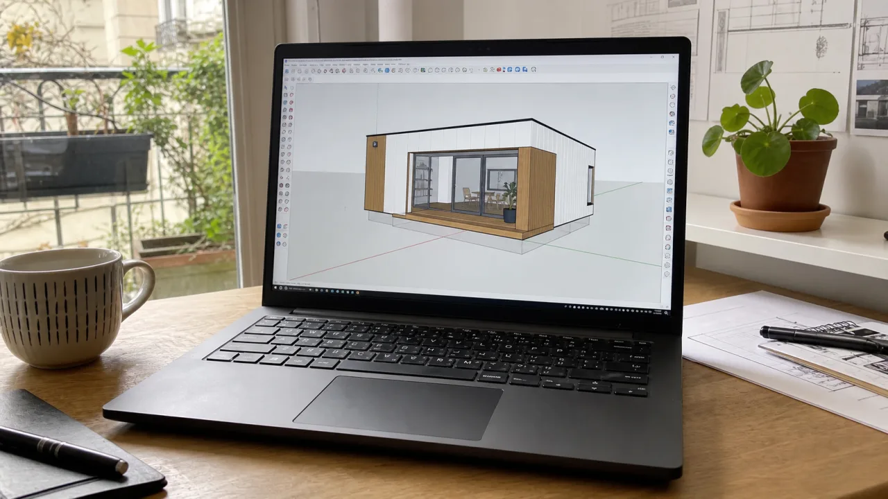 Laptop mit einem Architekturmodell in SketchUp auf einem Schreibtisch